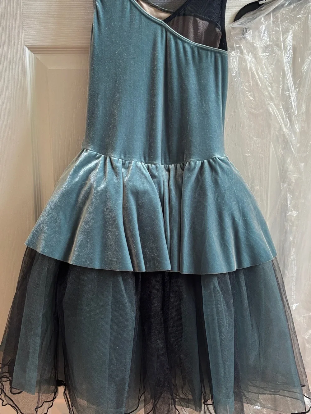 Weissman Teal and Black Floral Appliqué Tulle Dress